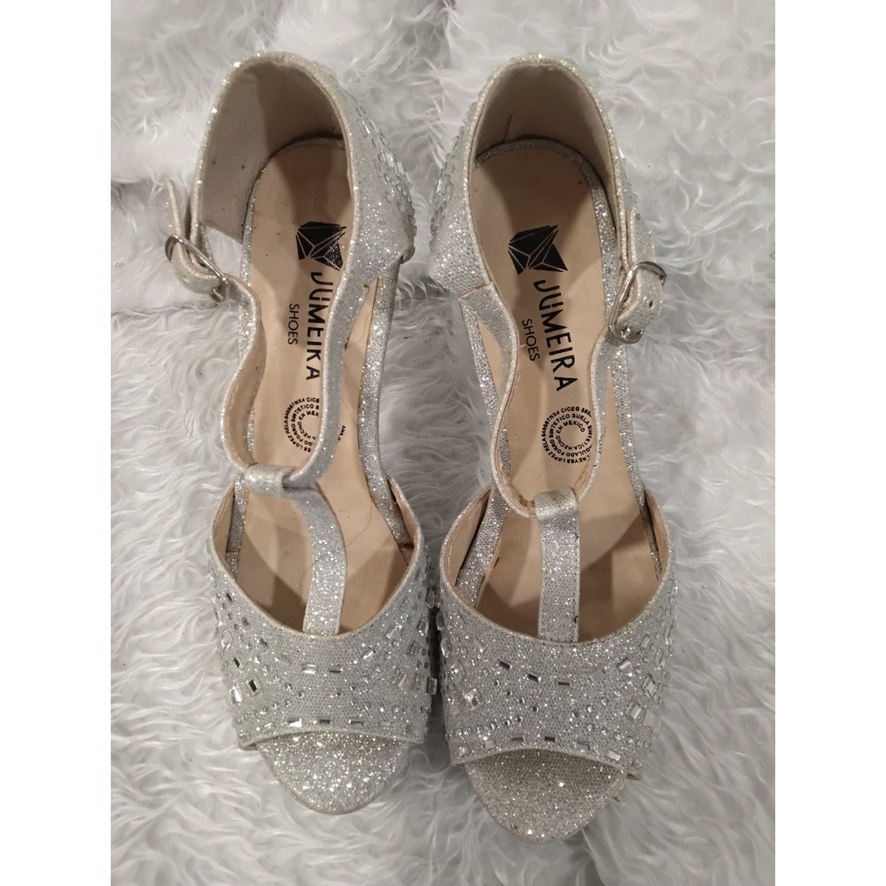 Jumeira Shoes Silver Glitter Rhinestone Heels Platform T Strap Buckle 7/7.5